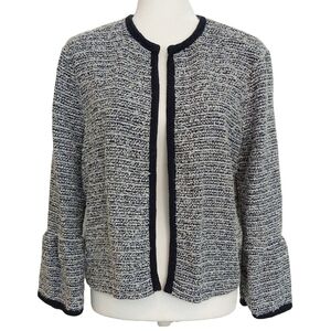 LOFT Tweed Blue White Open Front Bell Sleeve Jacket Contrast Trim Boho